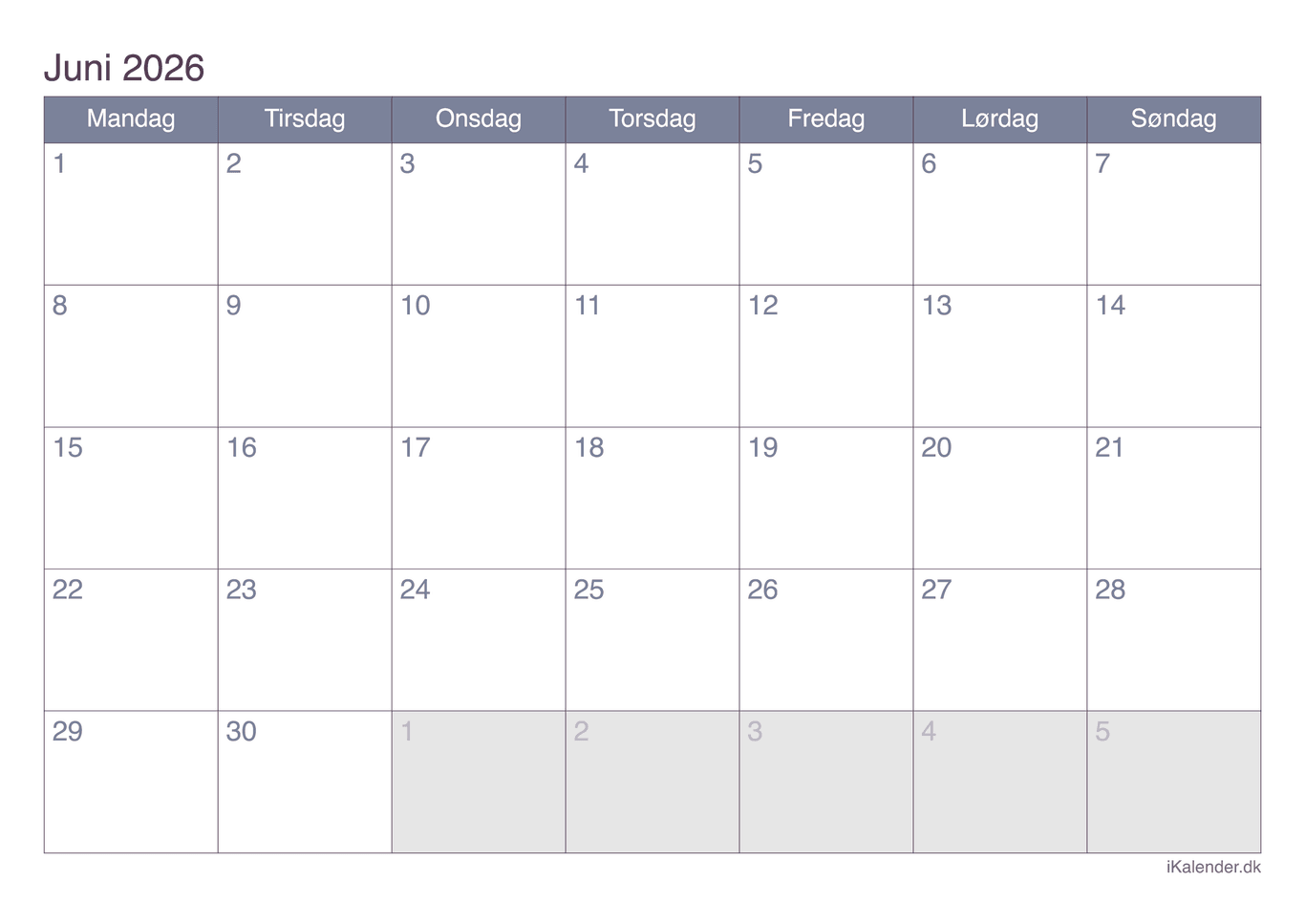 Kalender juni 2026 - Office