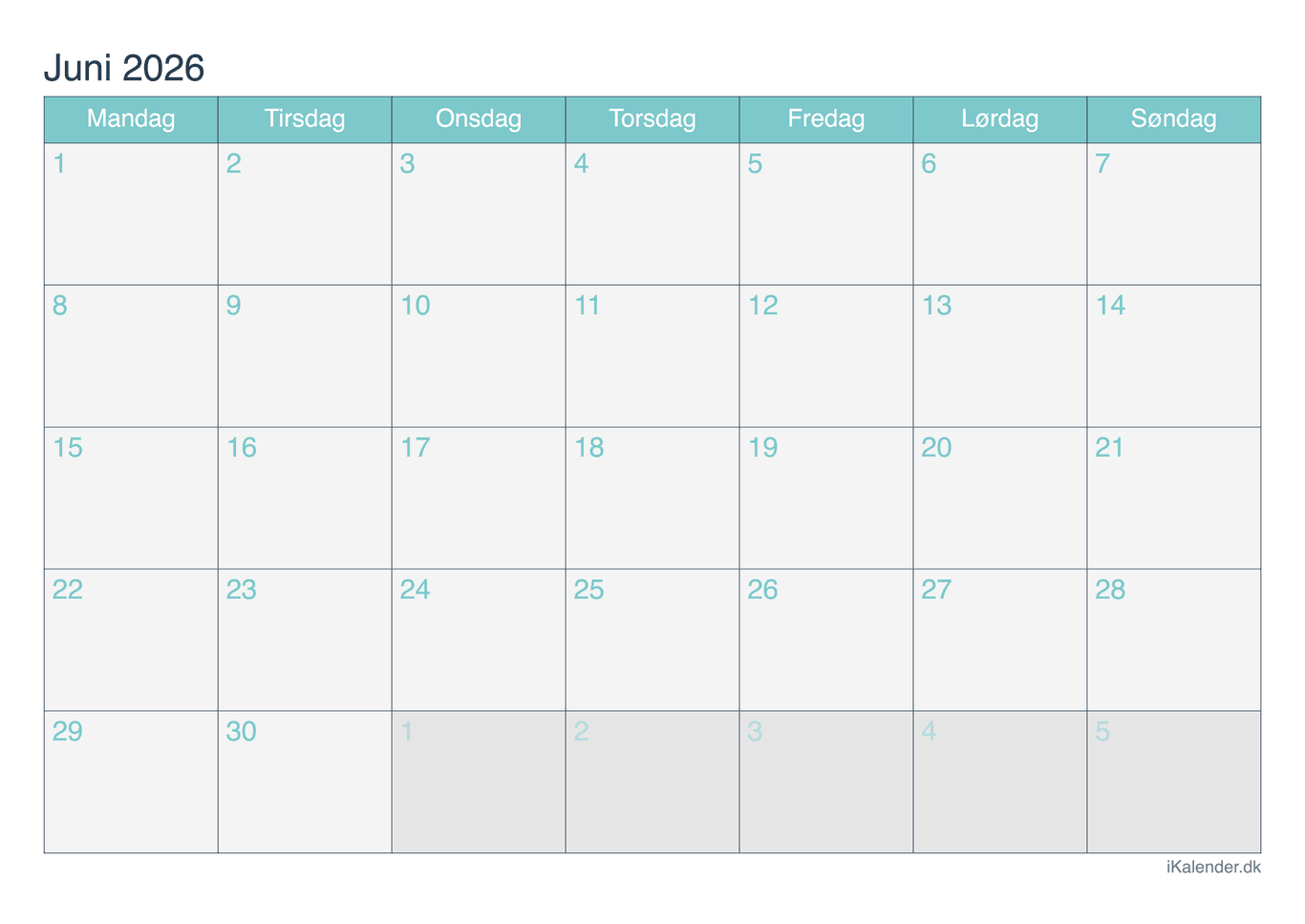 Kalender juni 2026 - Turkis