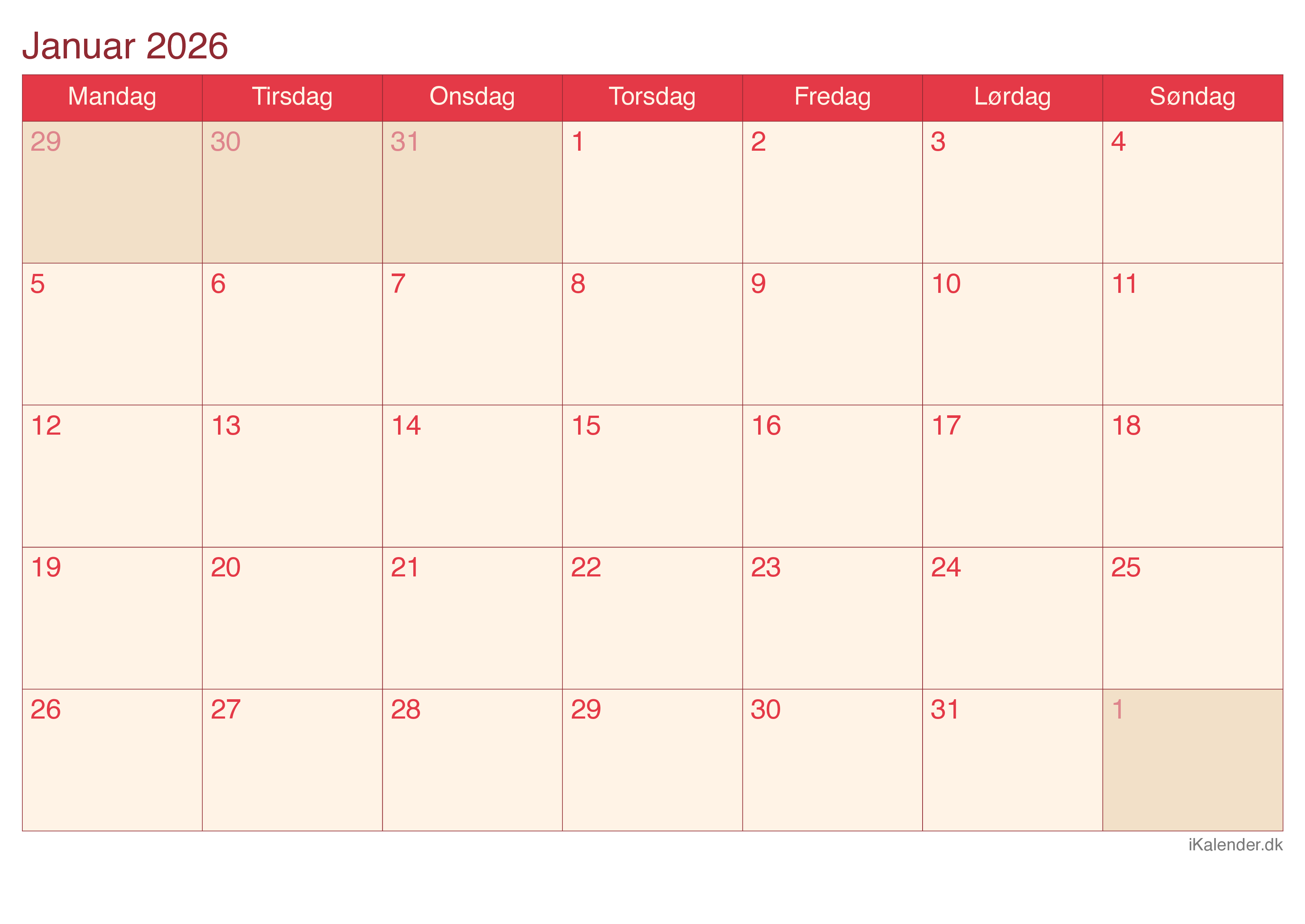 Kalender efter måned 2026 - Cherry