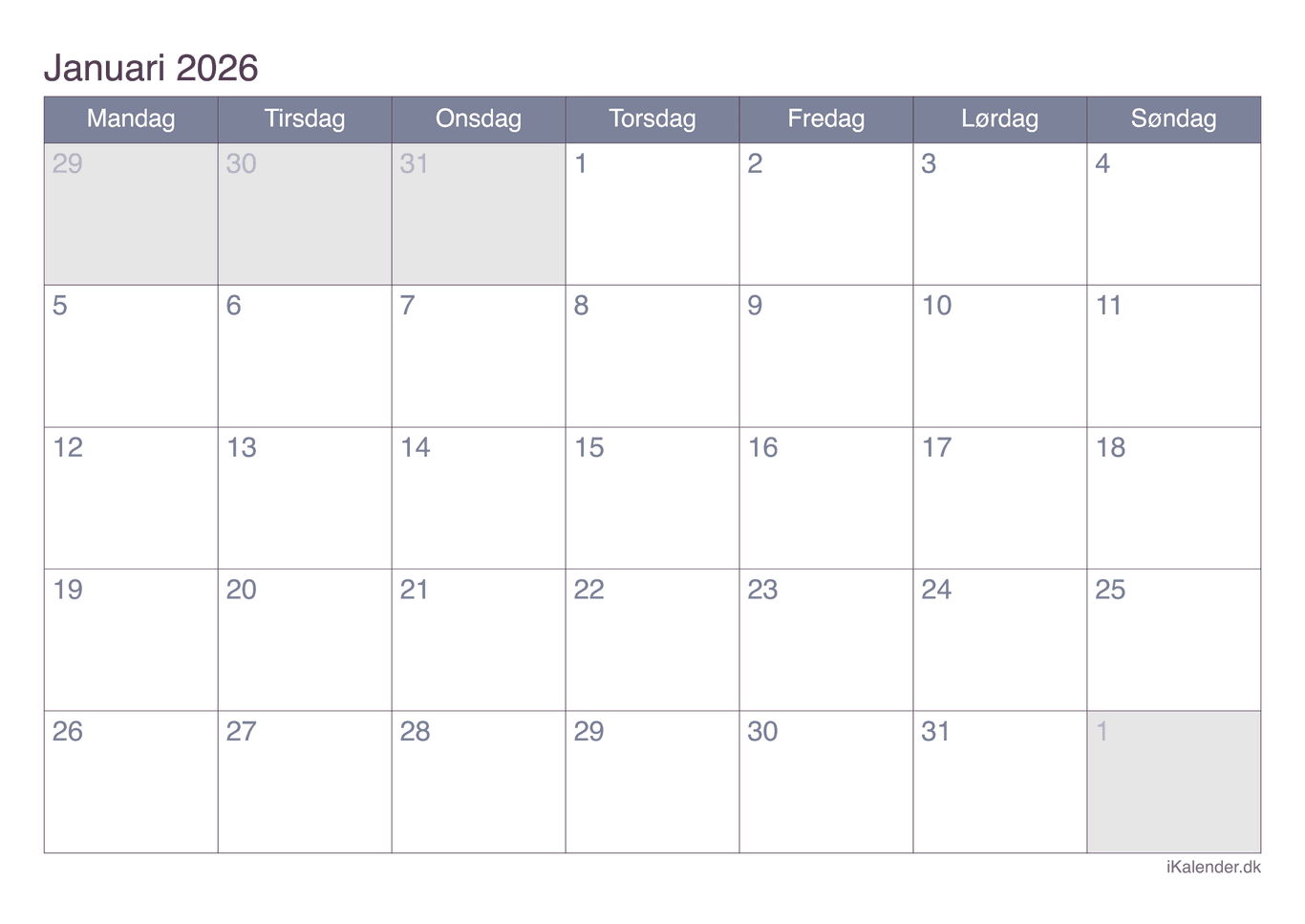 Kalender efter måned 2026 - Office