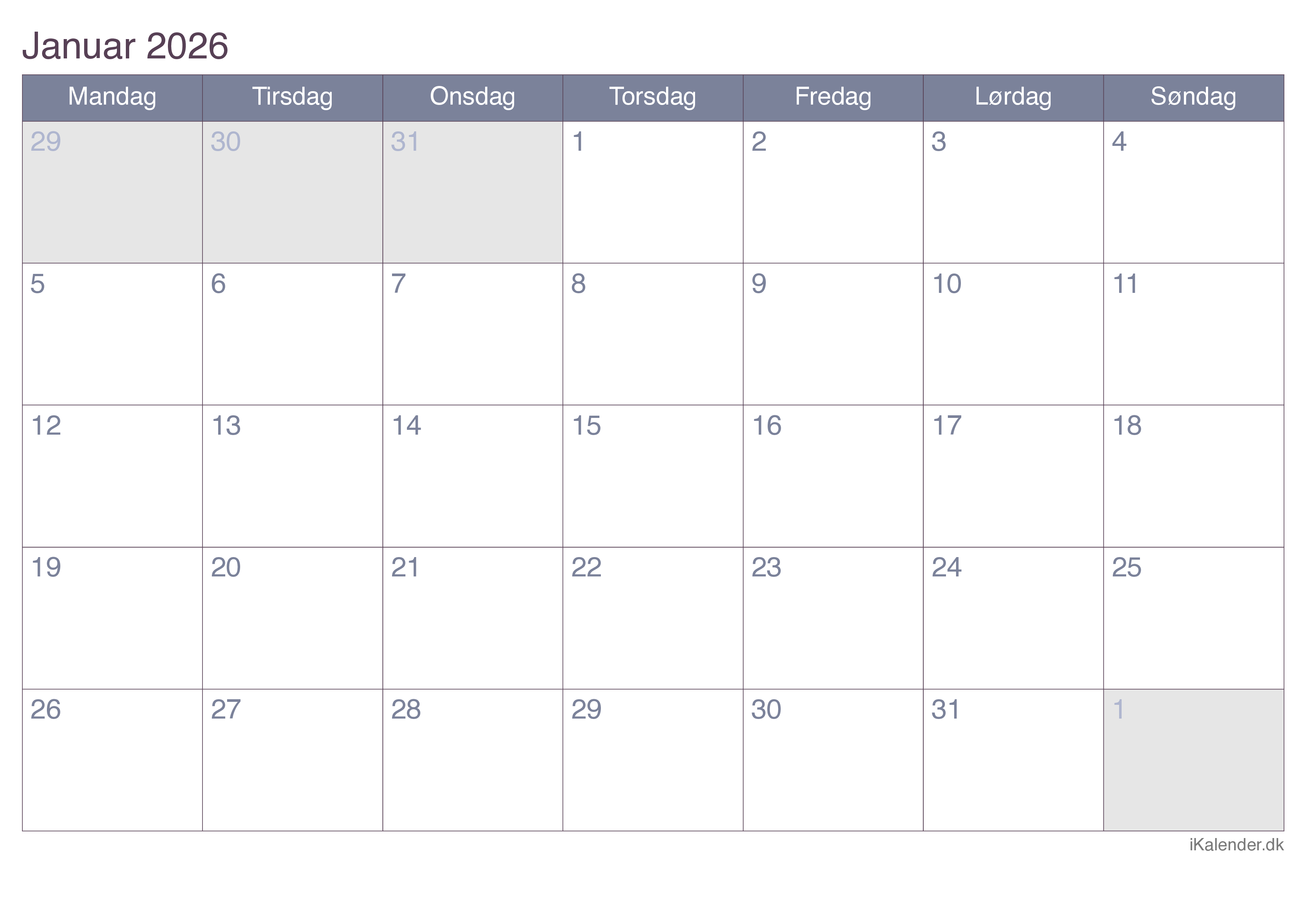 Kalender efter måned 2026 - Office
