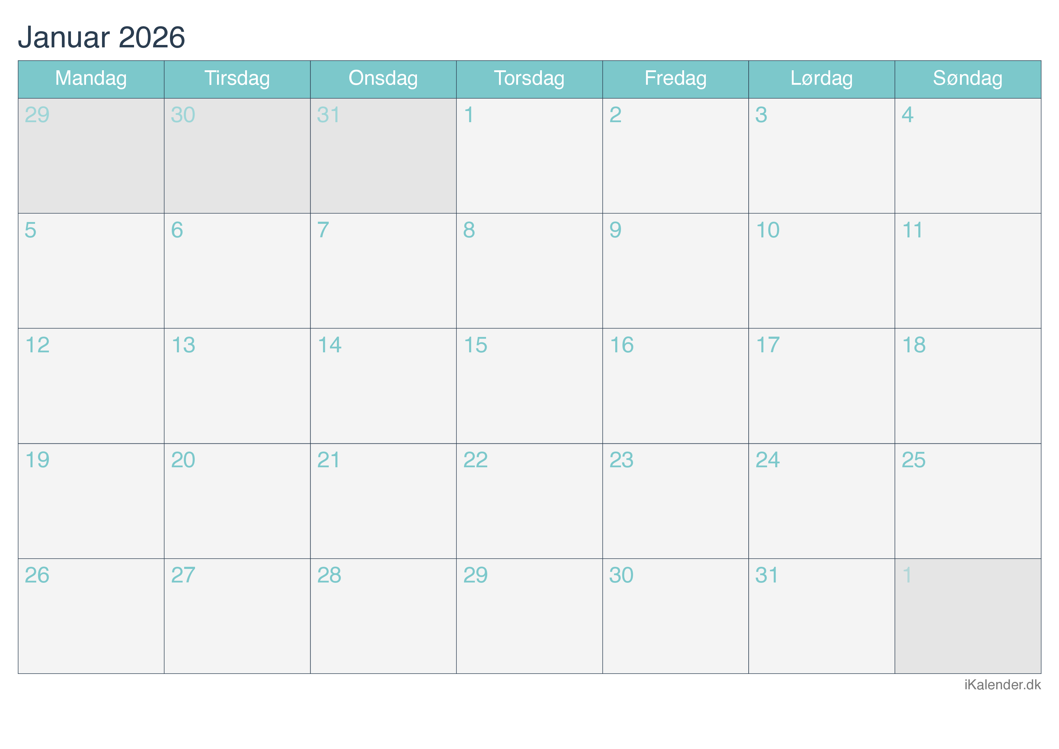 Kalender efter måned 2026 - Turkis