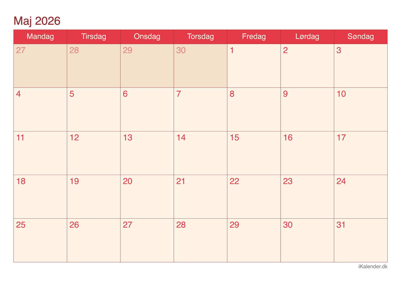 Kalender maj 2026 - Cherry