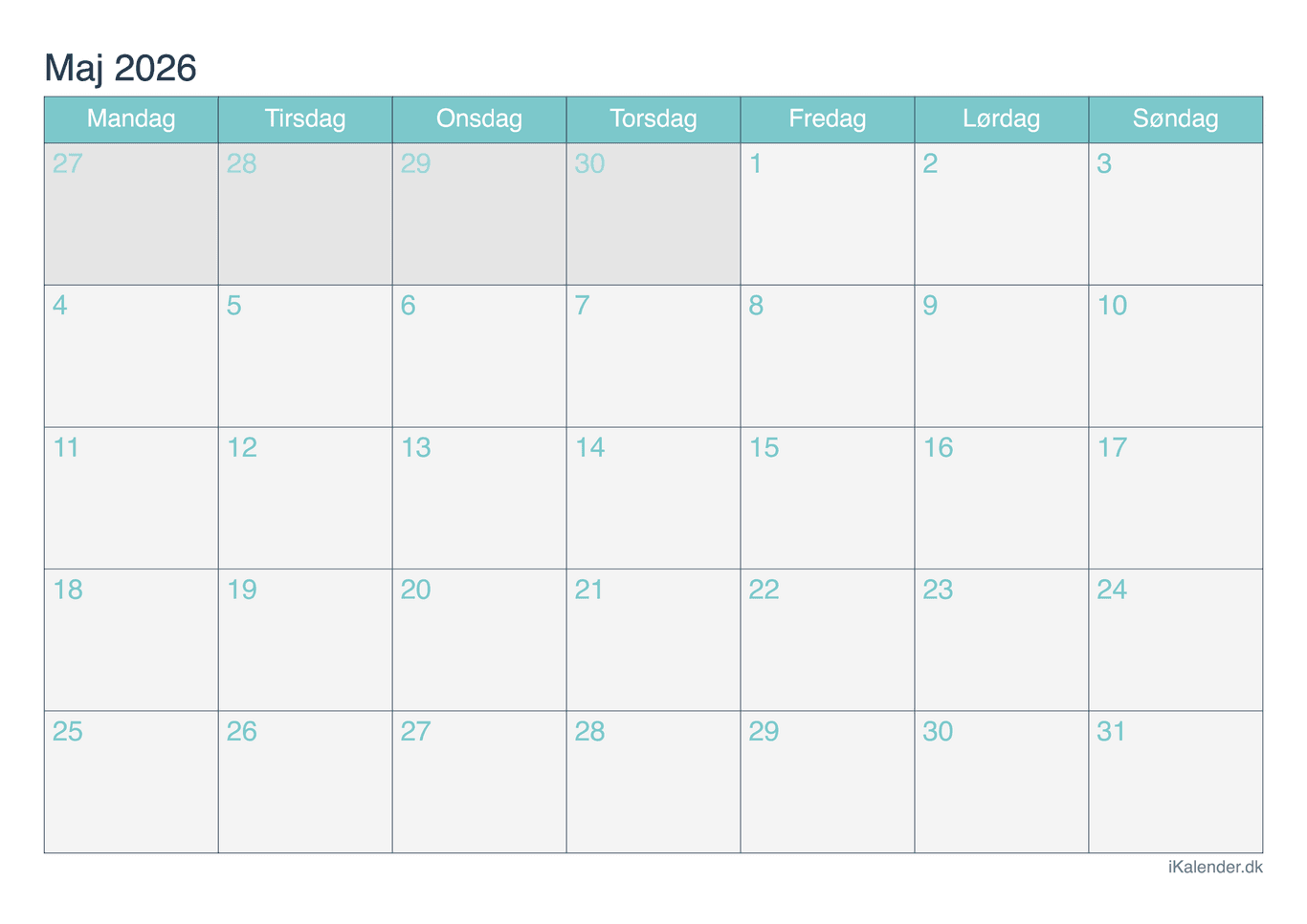 Kalender maj 2026 - Turkis