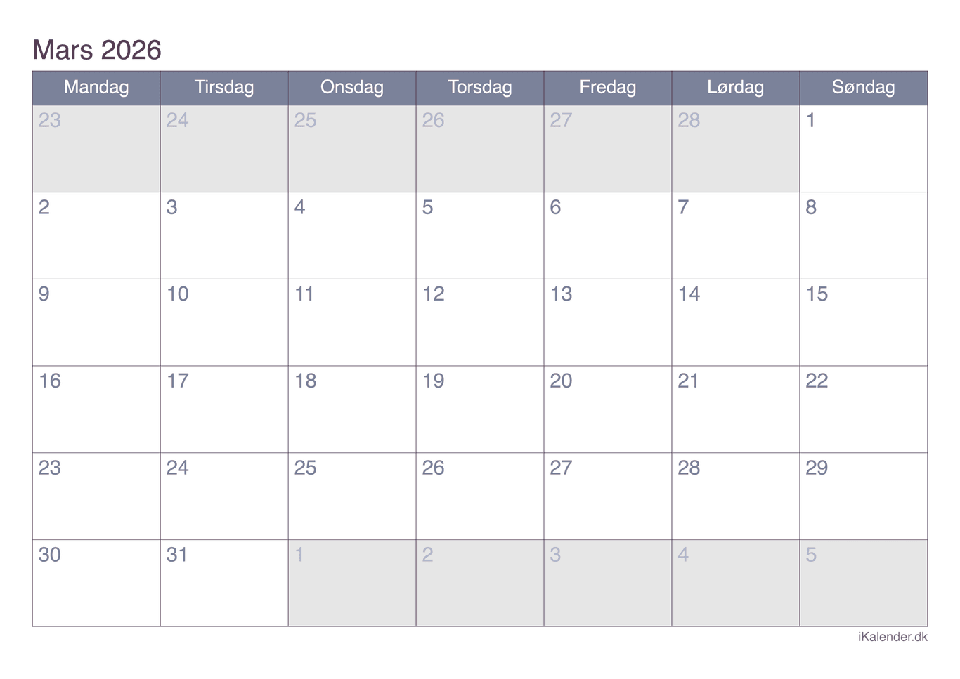 Kalender marts 2026 - Office