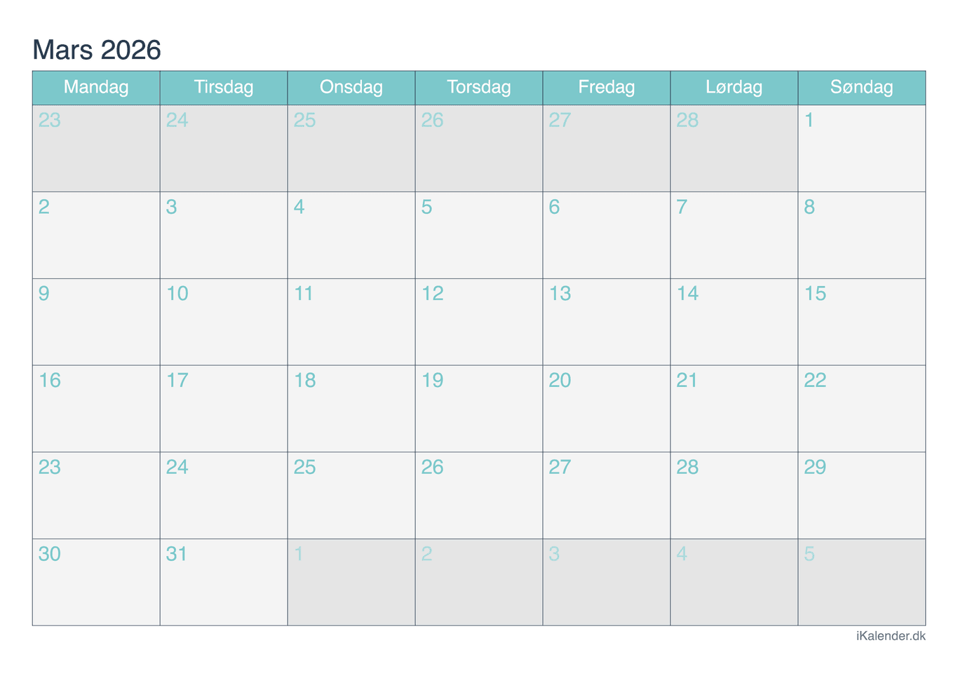 Kalender marts 2026 - Turkis