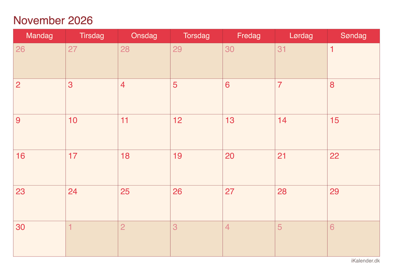 Kalender november 2026 - Cherry