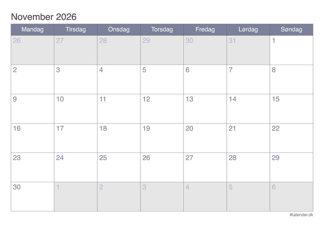 Kalender november 2026 - Office