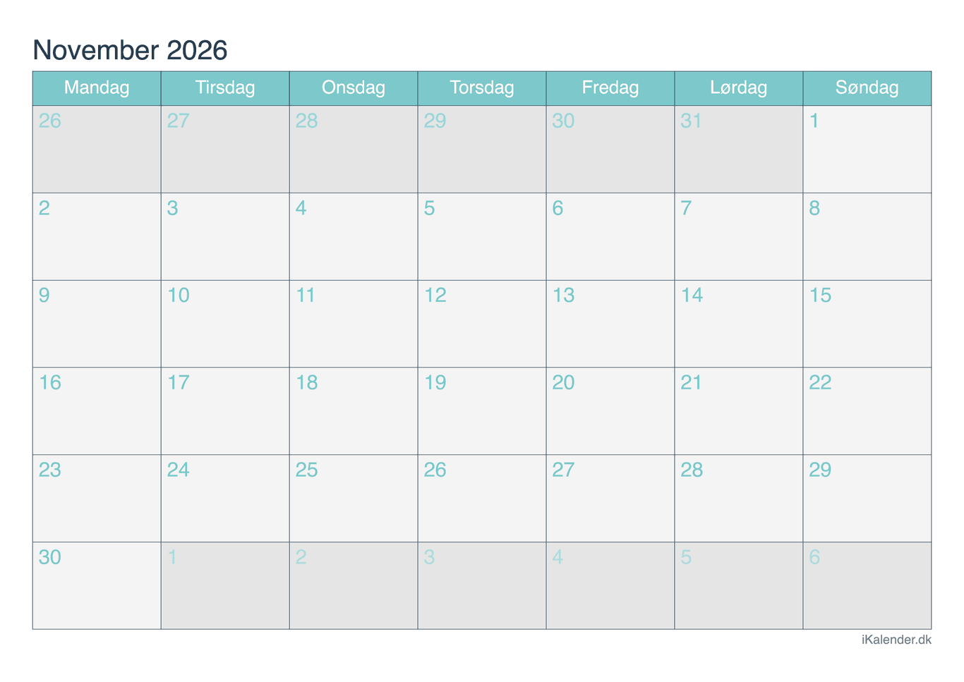 Kalender november 2026 - Turkis