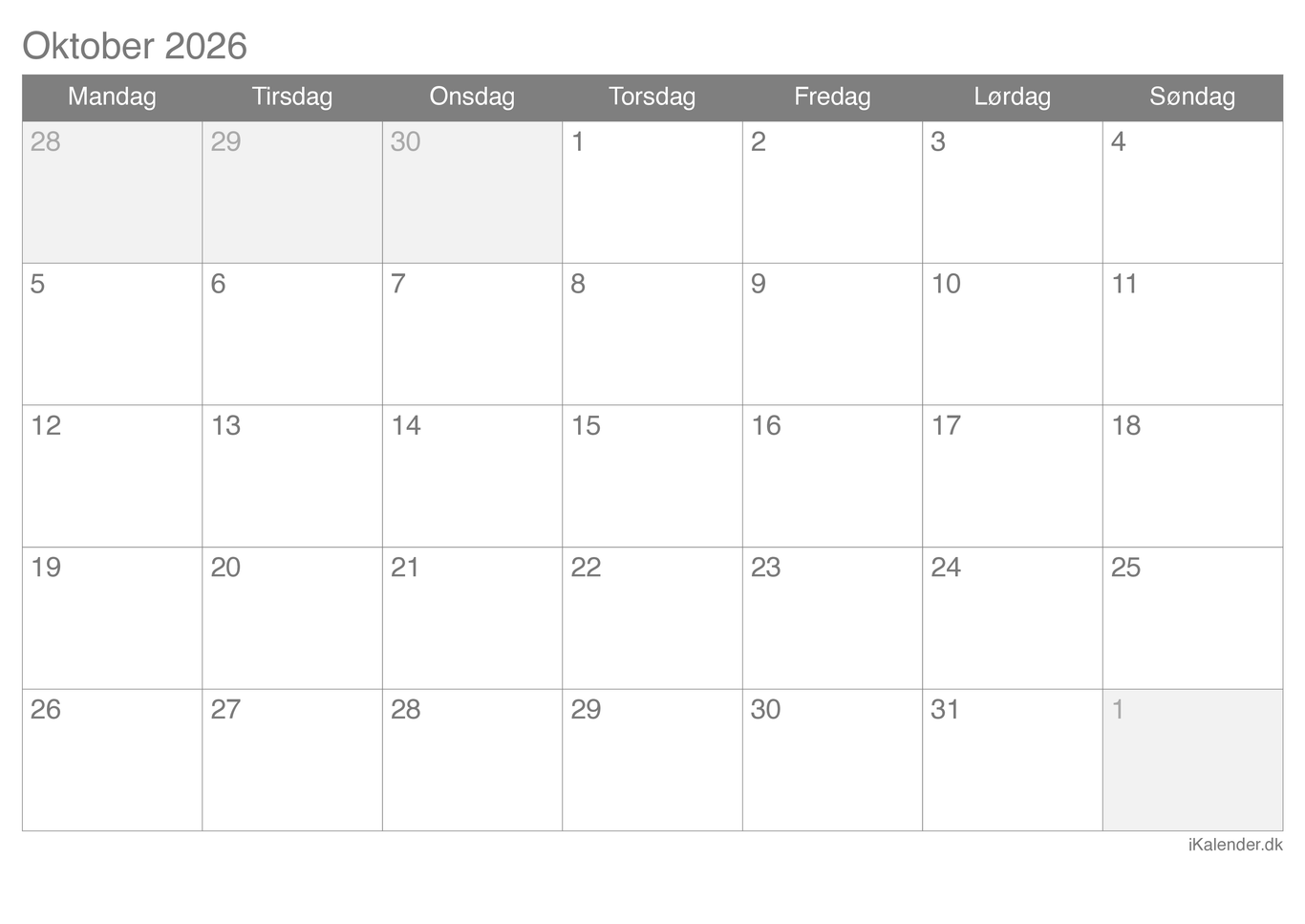 Kalender oktober 2026