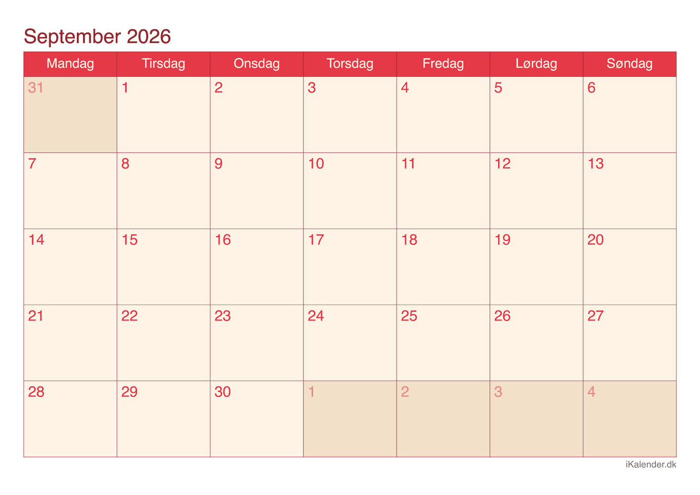 Kalender september 2026 - Cherry