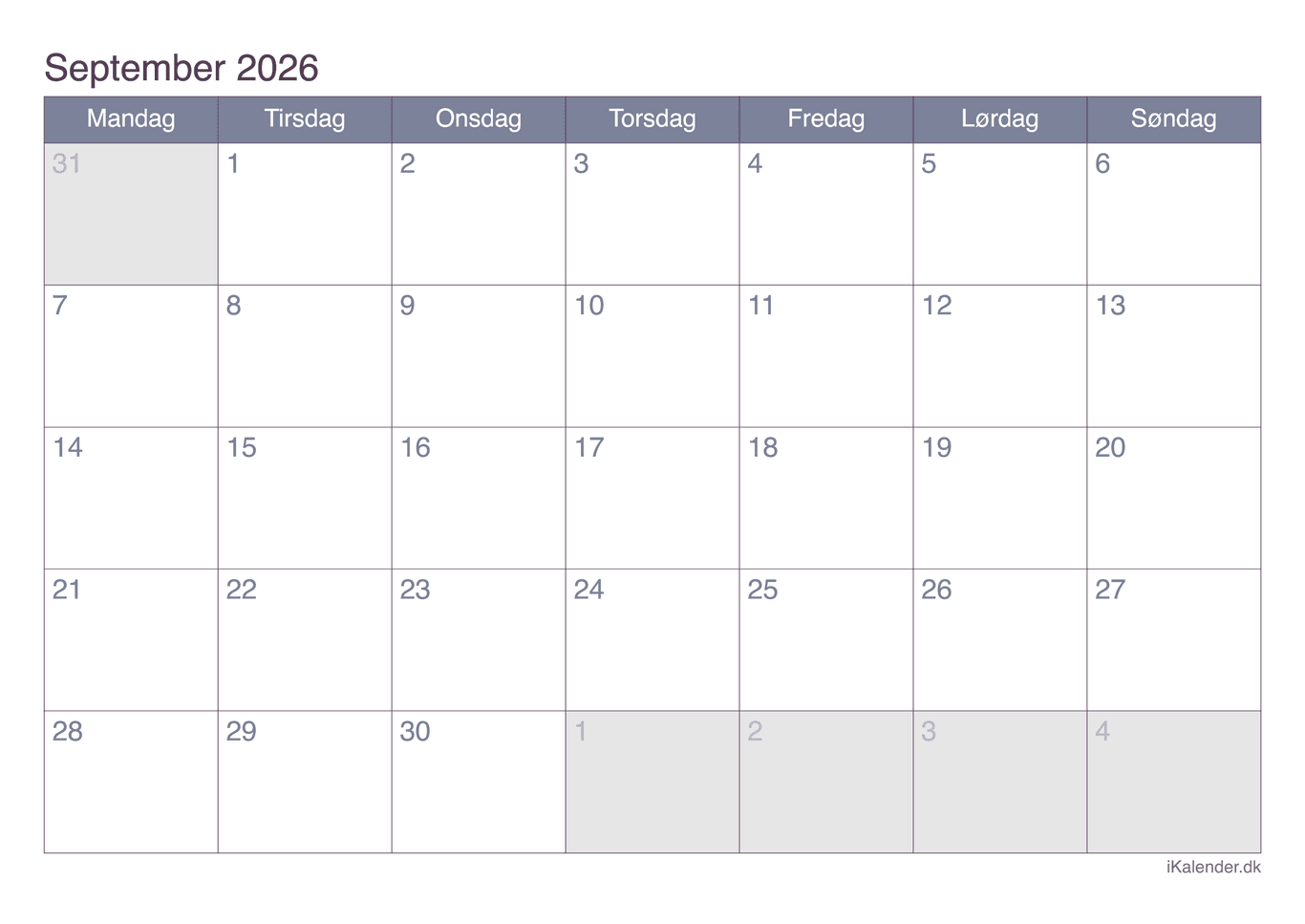 Kalender september 2026 - Office