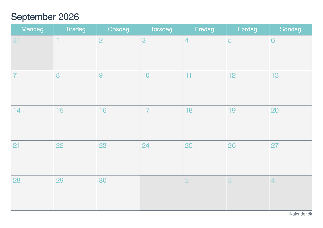 Kalender september 2026 - Turkis