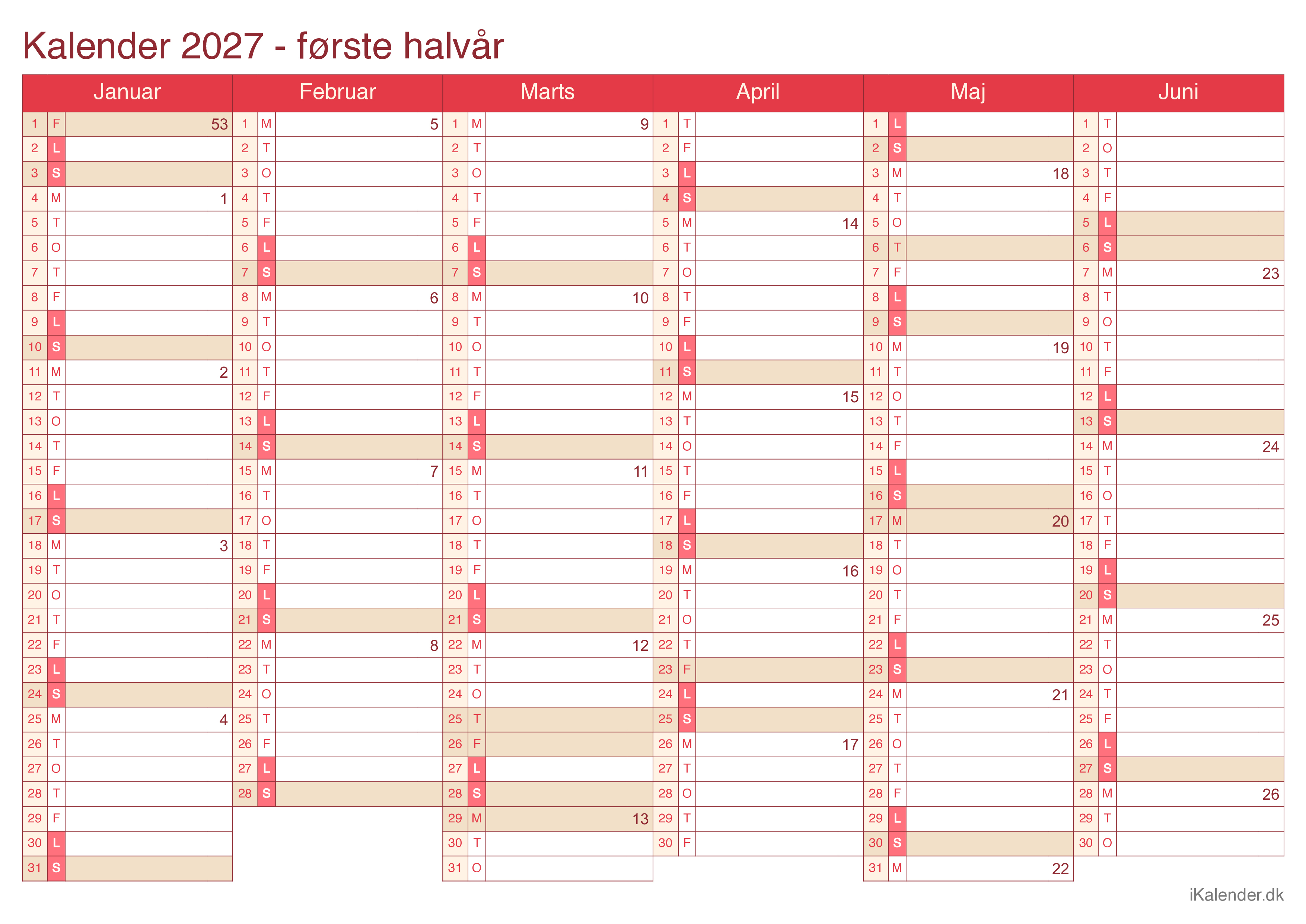 Halvårskalender 2027 med ugenumre - Cherry
