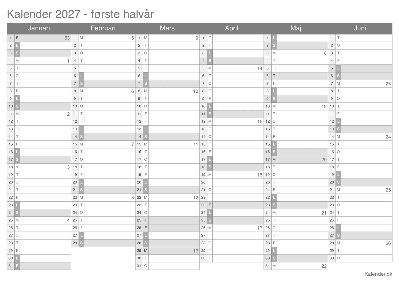 Halvårskalender 2027 med ugenumre