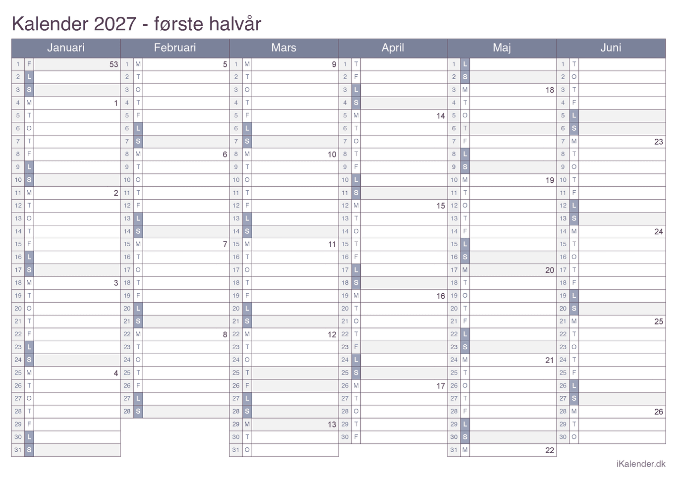 Halvårskalender 2027 med ugenumre - Office