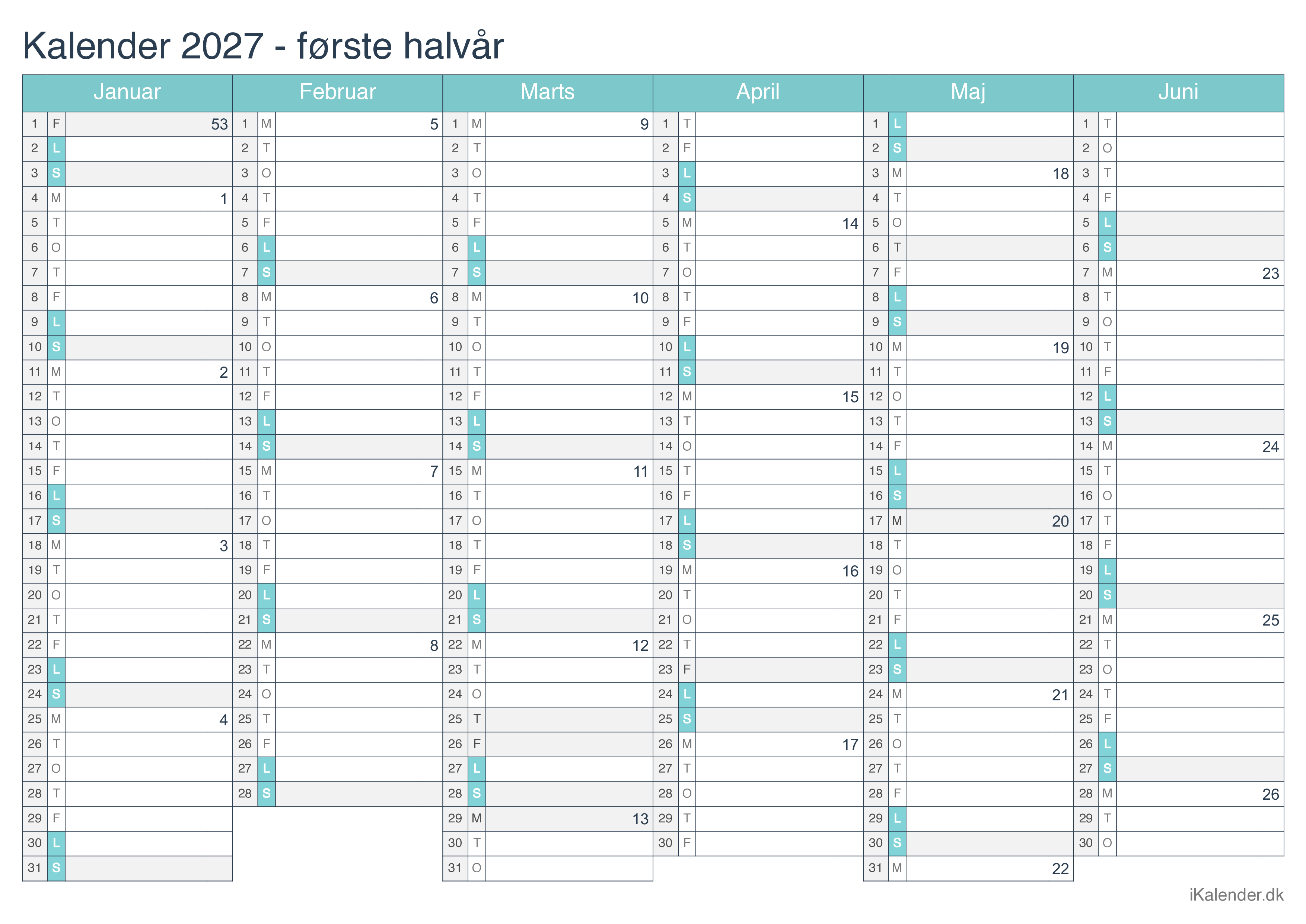 Halvårskalender 2027 med ugenumre - Turkis