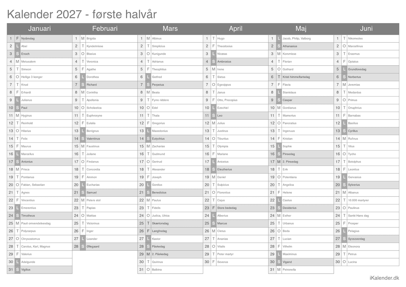 Halvårskalender 2027 med navnedage