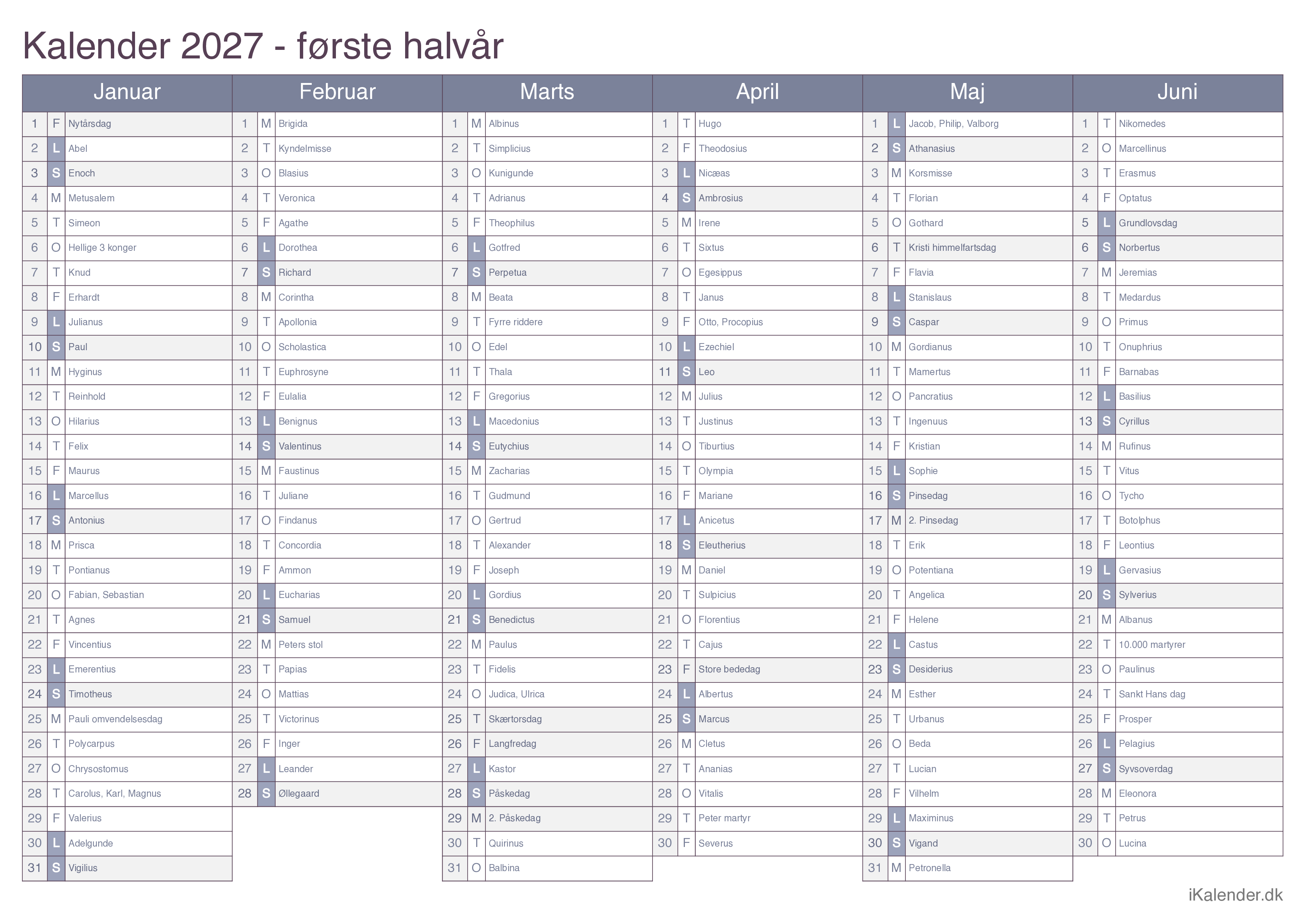 Halvårskalender 2027 med navnedage - Office