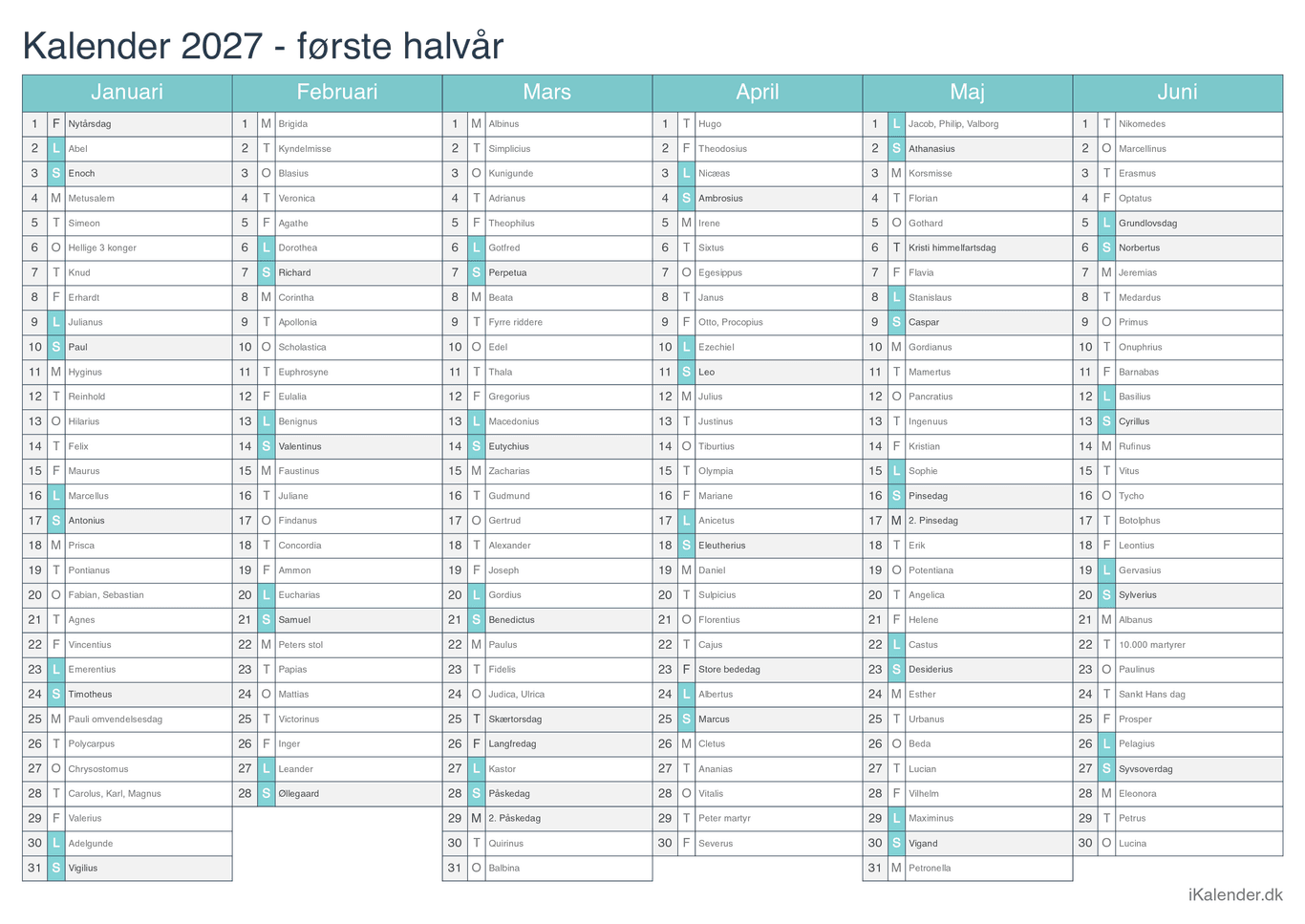 Halvårskalender 2027 med navnedage - Turkis