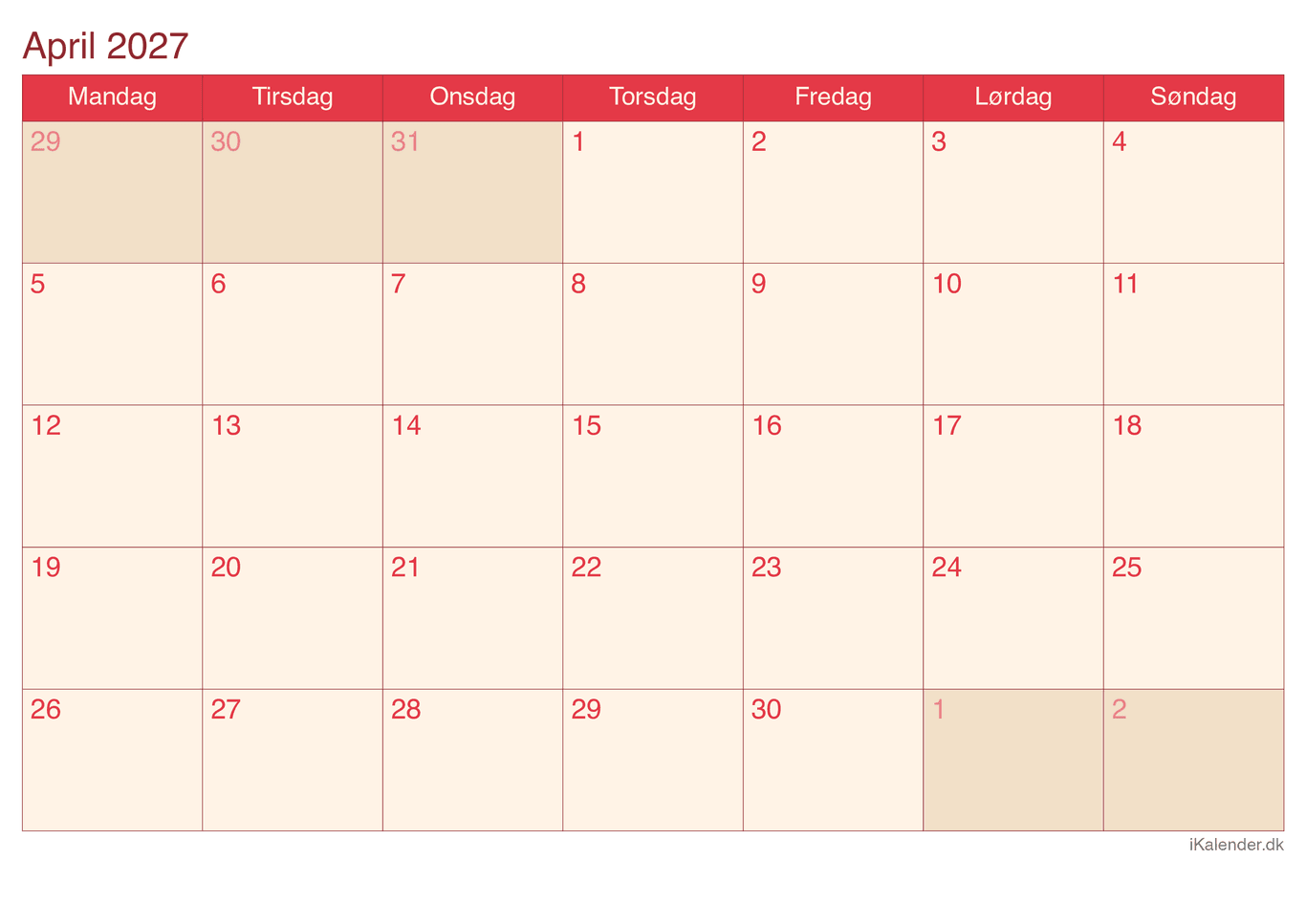 Kalender april 2027 - Cherry