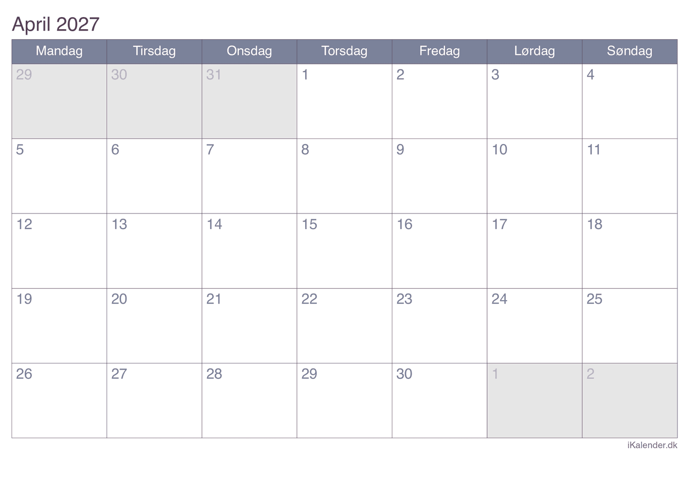 Kalender april 2027 - Office