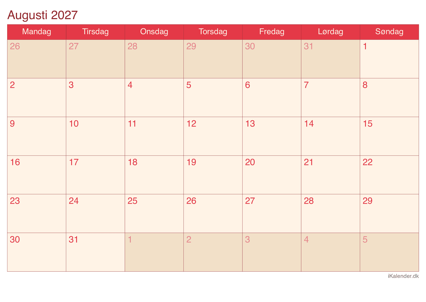 Kalender august 2027 - Cherry