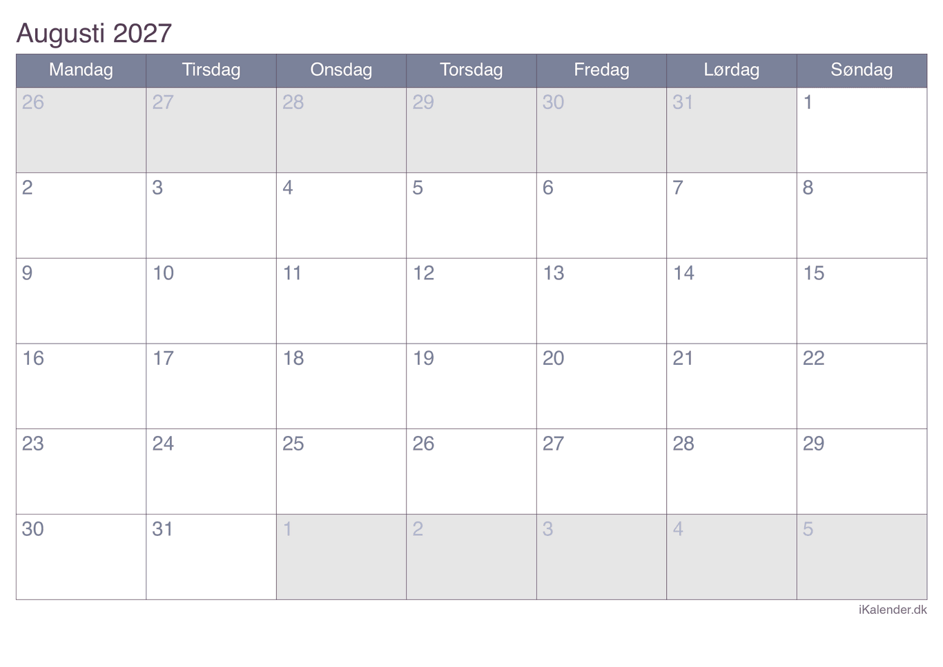 Kalender august 2027 - Office