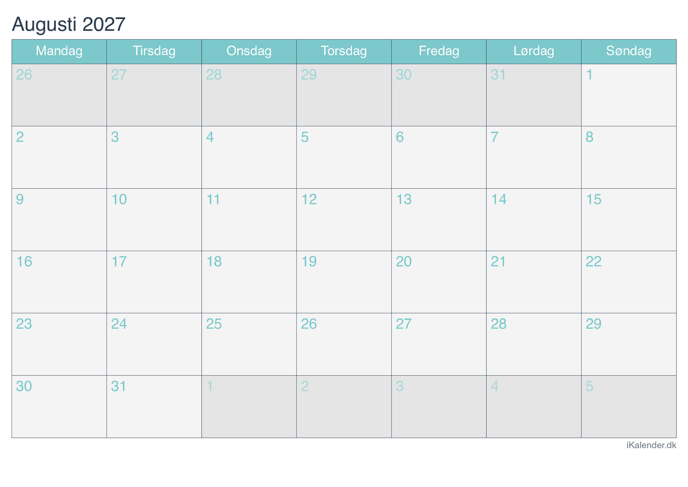 Kalender august 2027 - Turkis