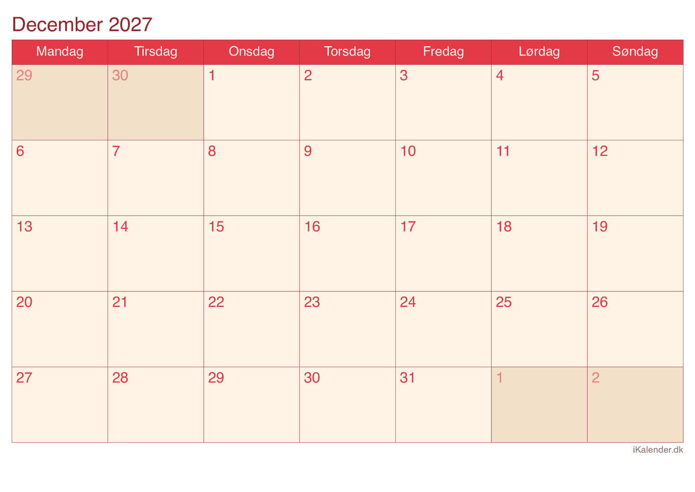 Kalender december 2027 - Cherry