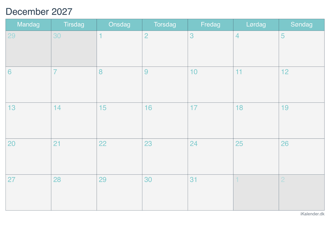 Kalender december 2027 - Turkis
