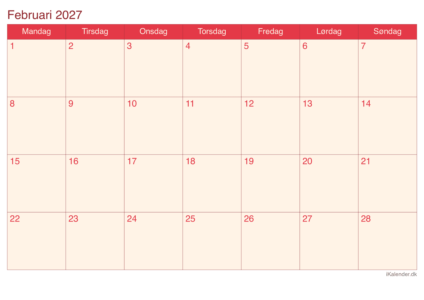 Kalender februar 2027 - Cherry