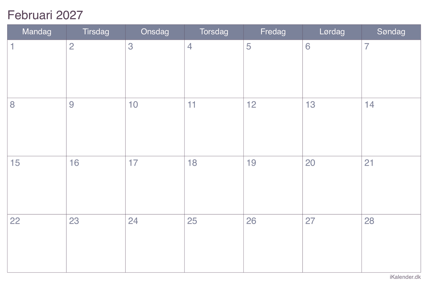 Kalender februar 2027 - Office