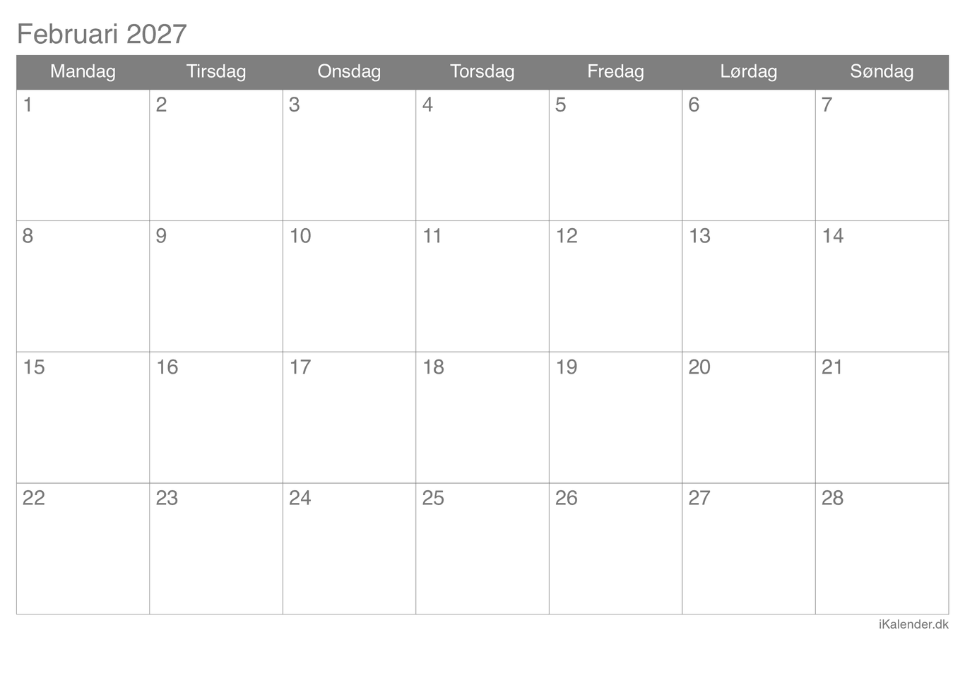 Kalender februar 2027