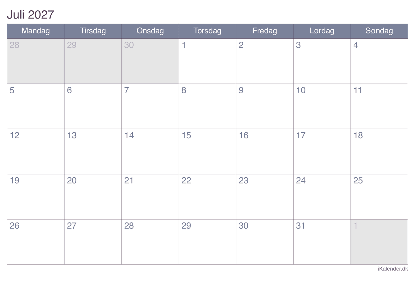 Kalender juli 2027 - Office