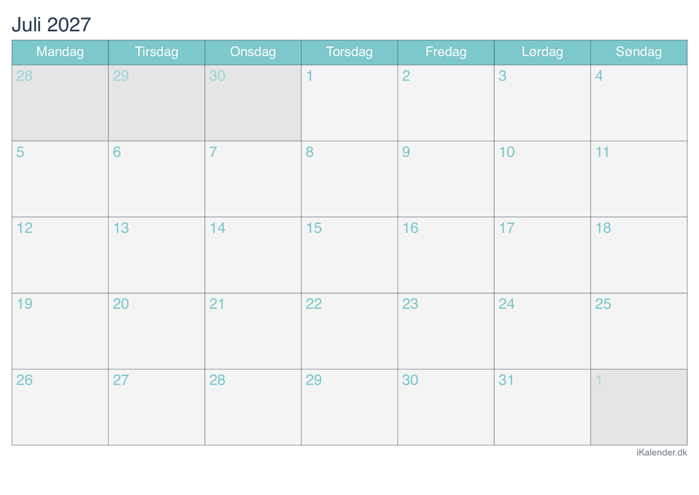 Kalender juli 2027 - Turkis