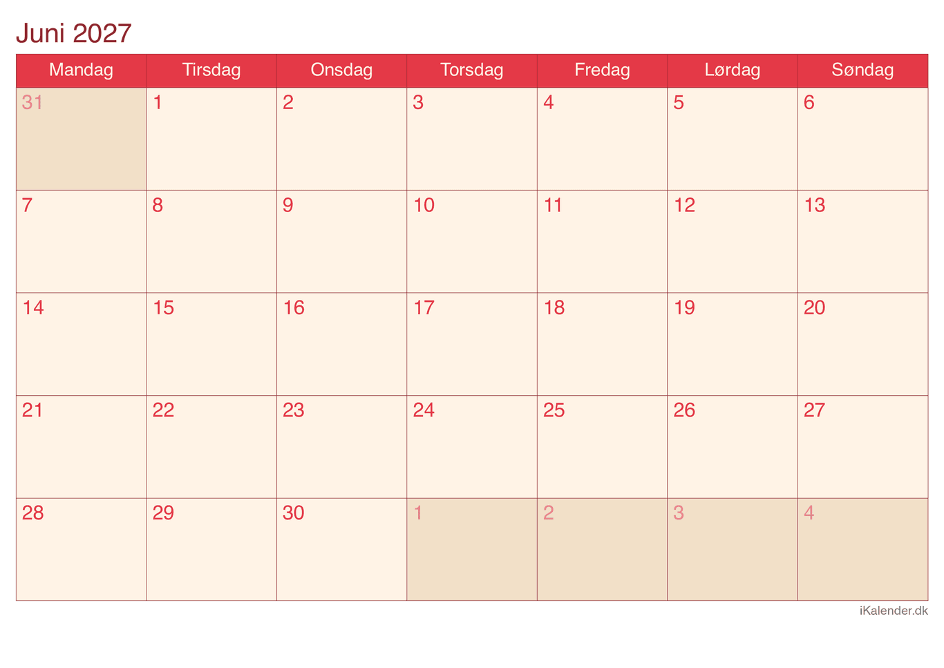 Kalender juni 2027 - Cherry