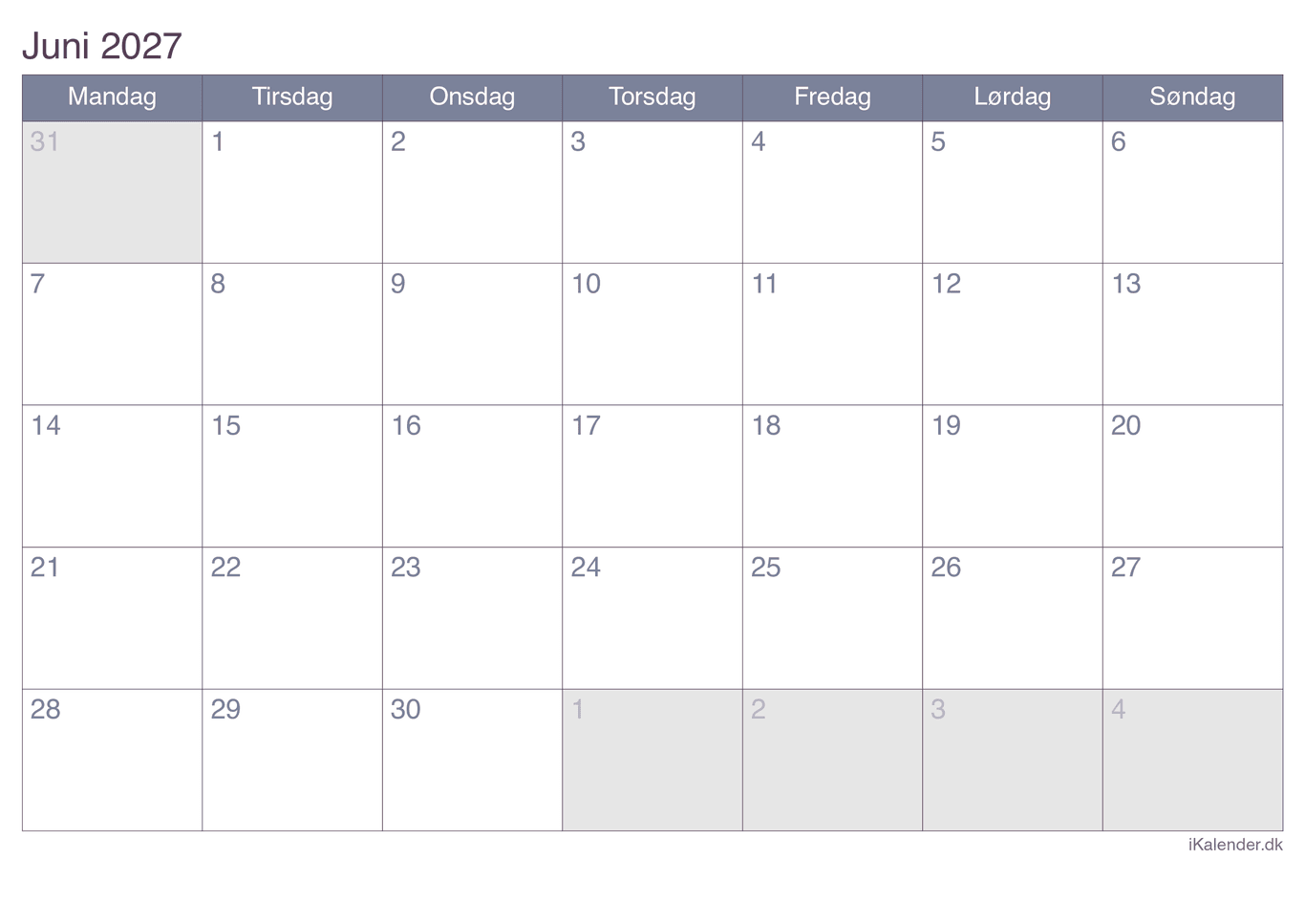 Kalender juni 2027 - Office