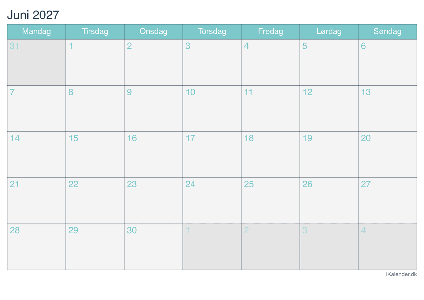 Kalender juni 2027 - Turkis