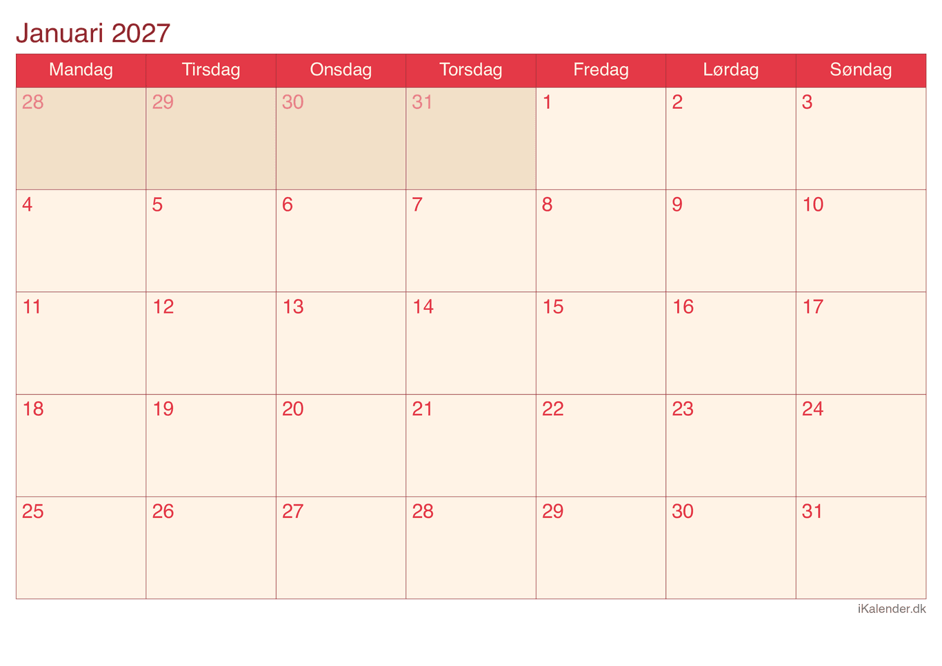 Kalender efter måned 2027 - Cherry