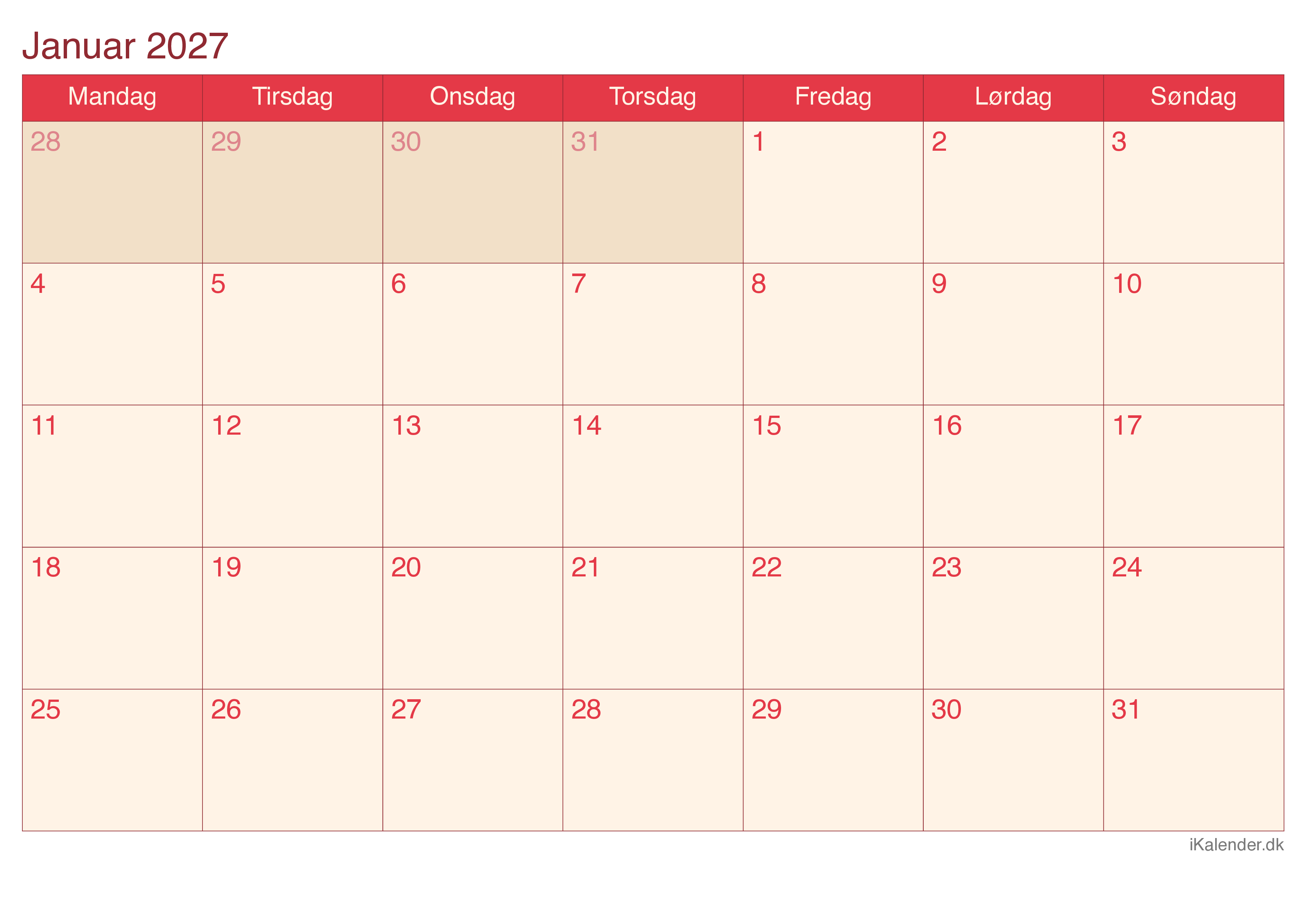 Kalender efter måned 2027 - Cherry