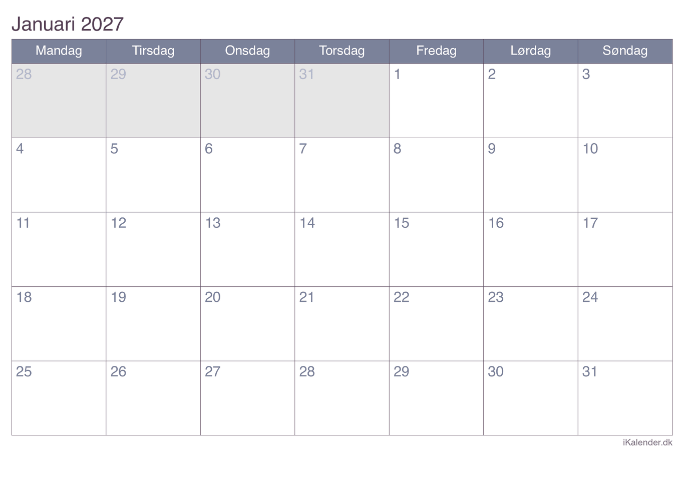 Kalender efter måned 2027 - Office