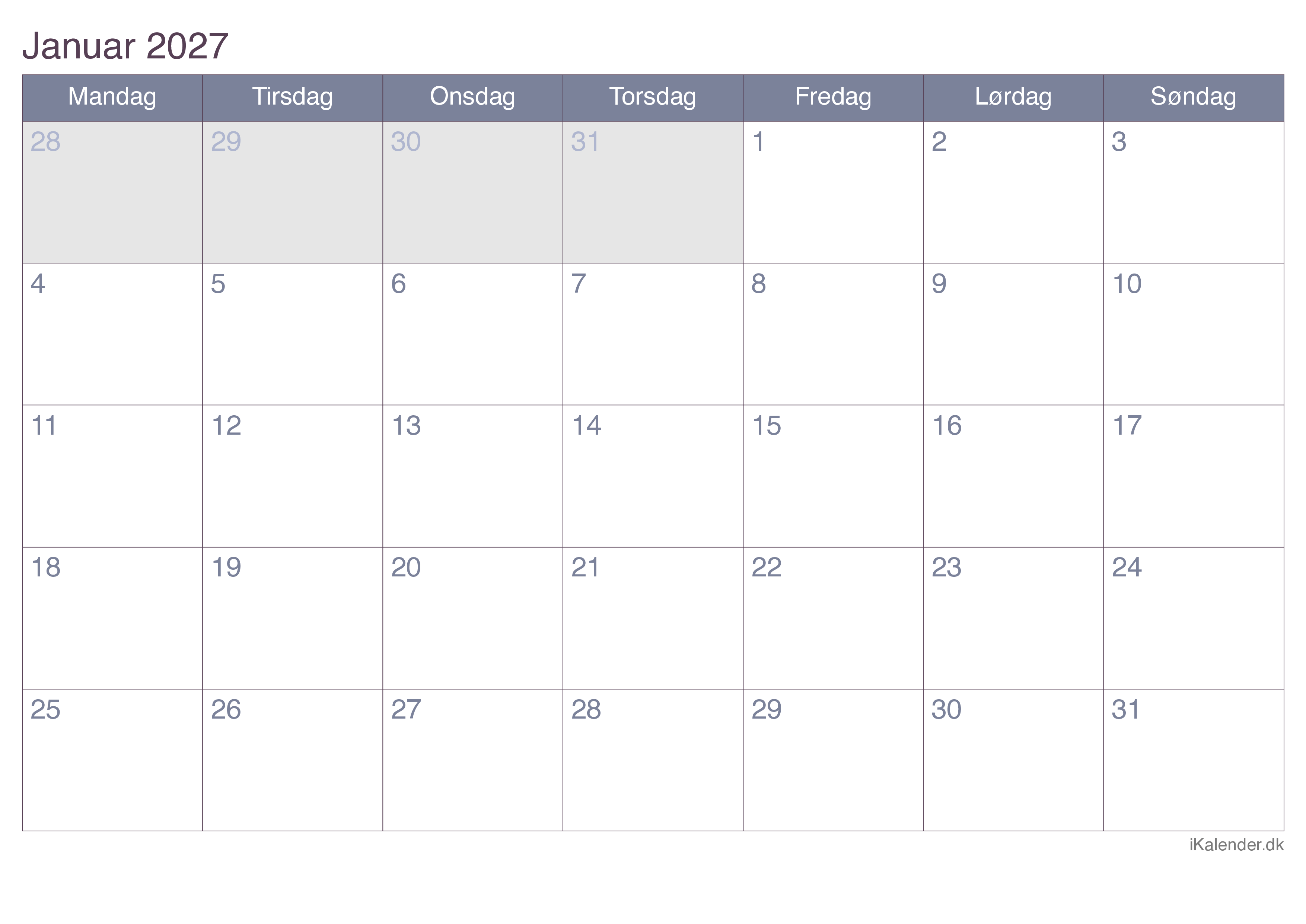 Kalender efter måned 2027 - Office
