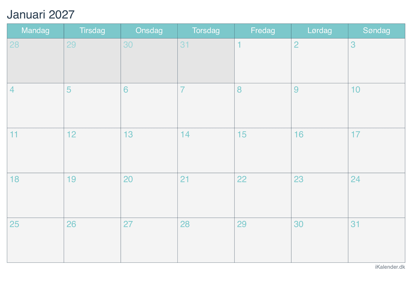 Kalender efter måned 2027 - Turkis