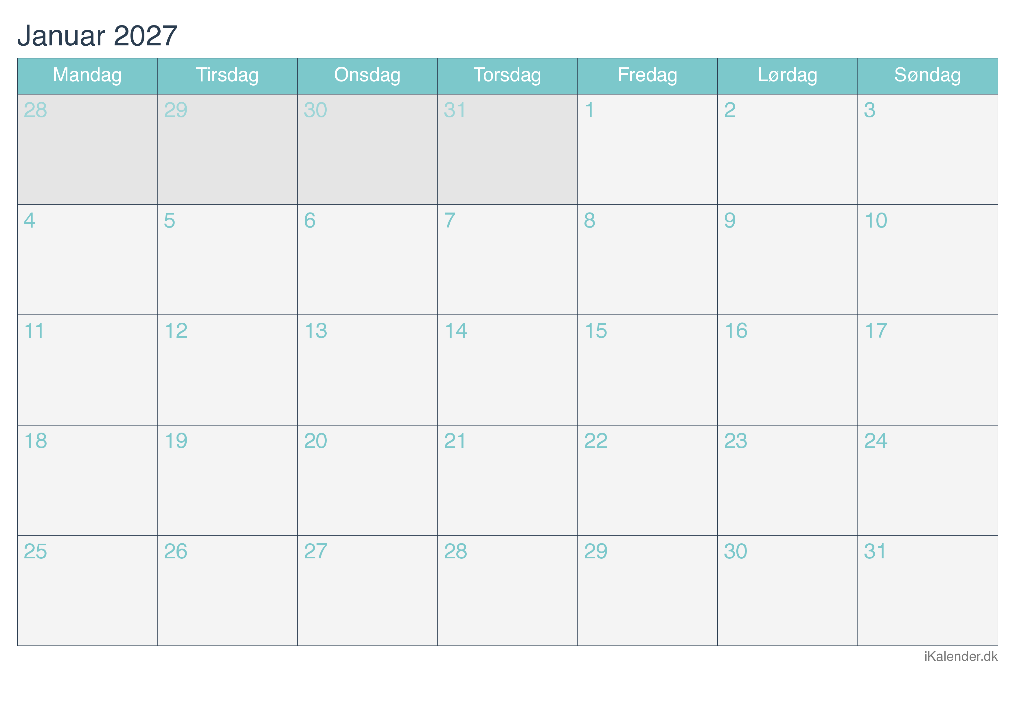 Kalender efter måned 2027 - Turkis