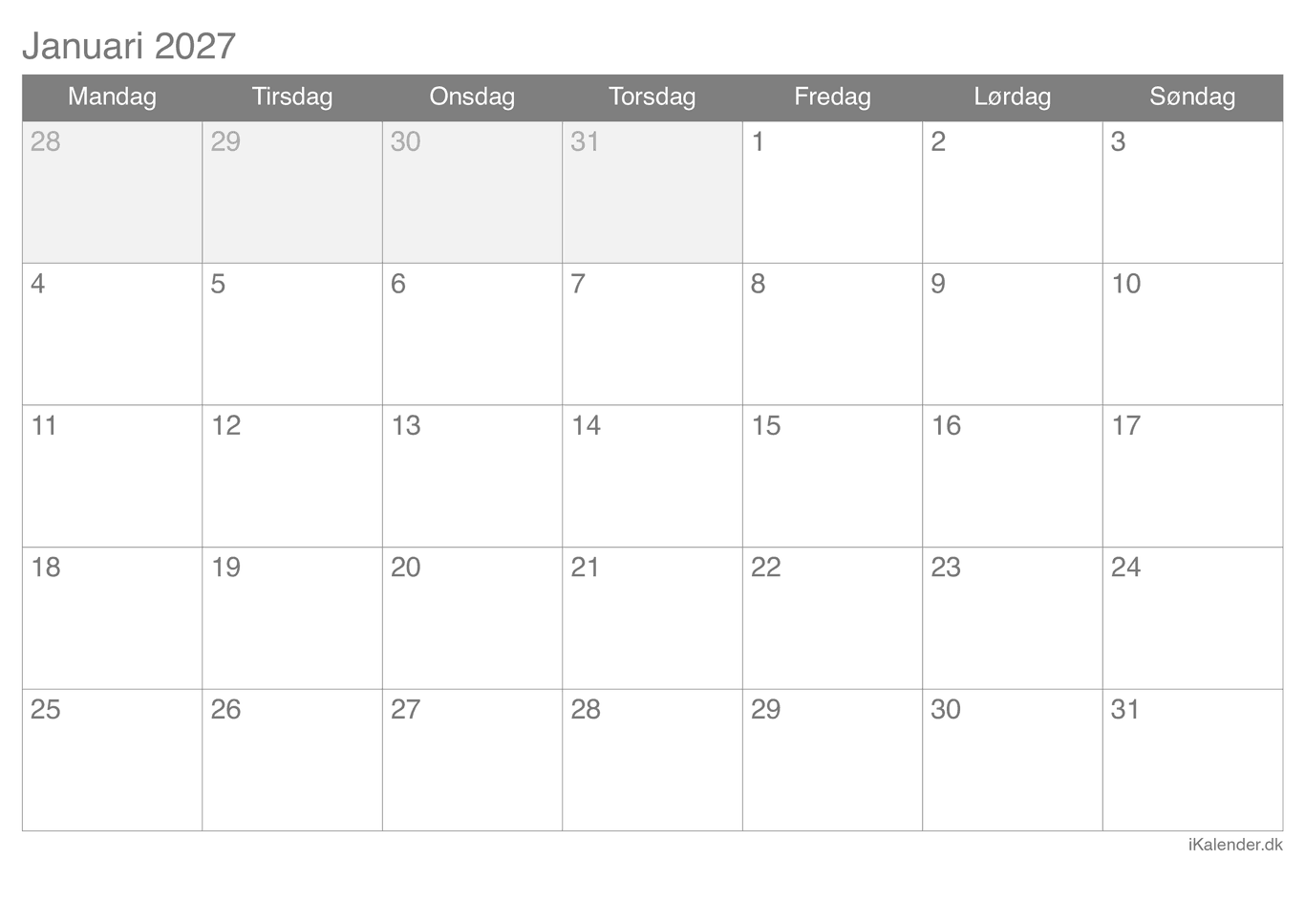 Kalender efter måned 2027