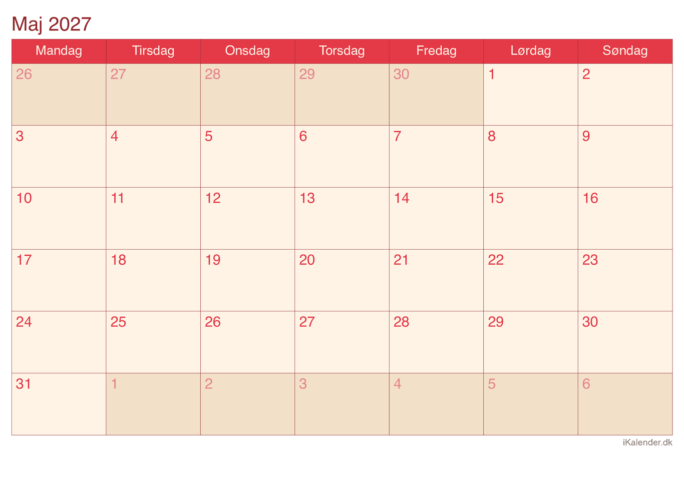 Kalender maj 2027 - Cherry