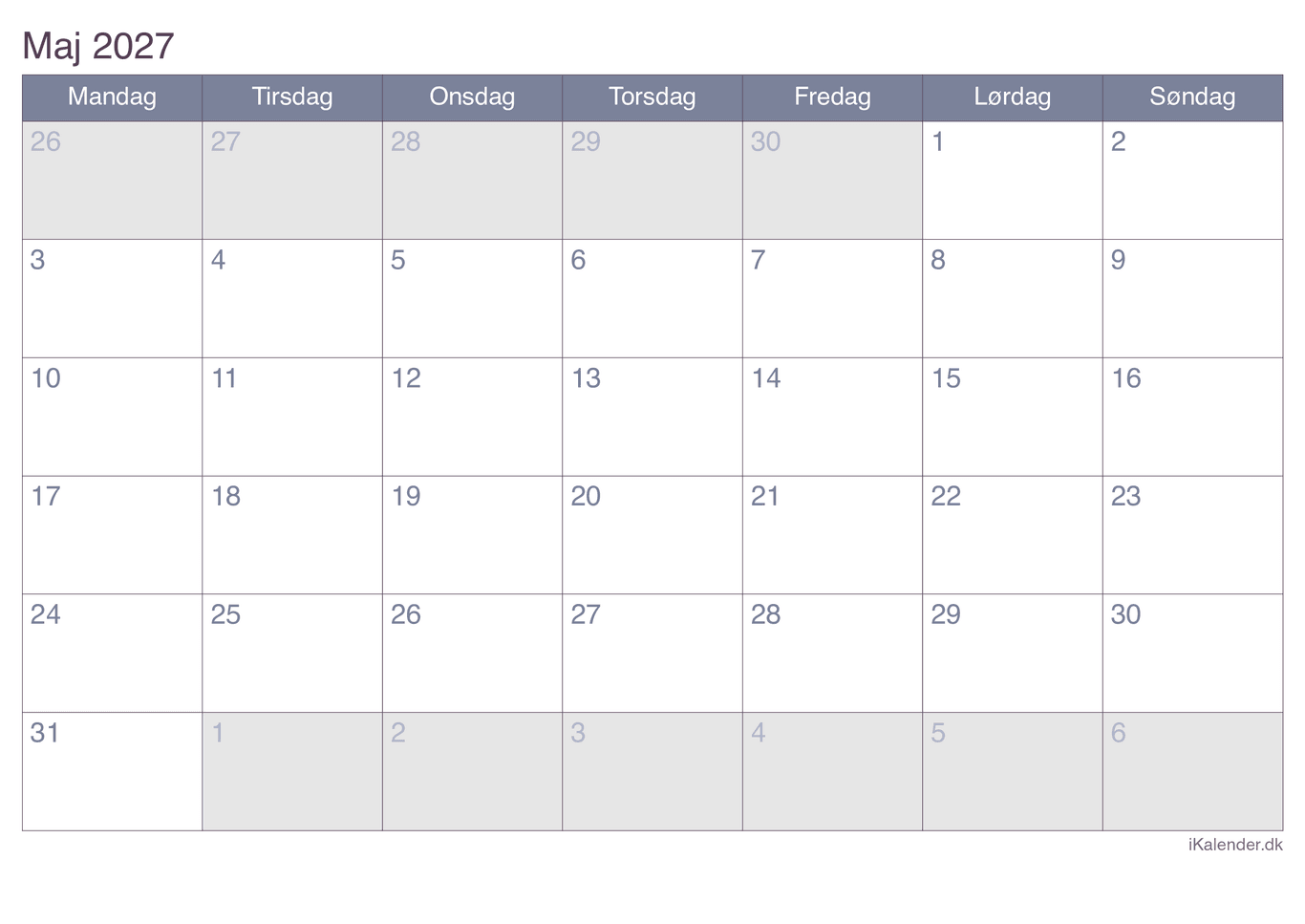 Kalender maj 2027 - Office