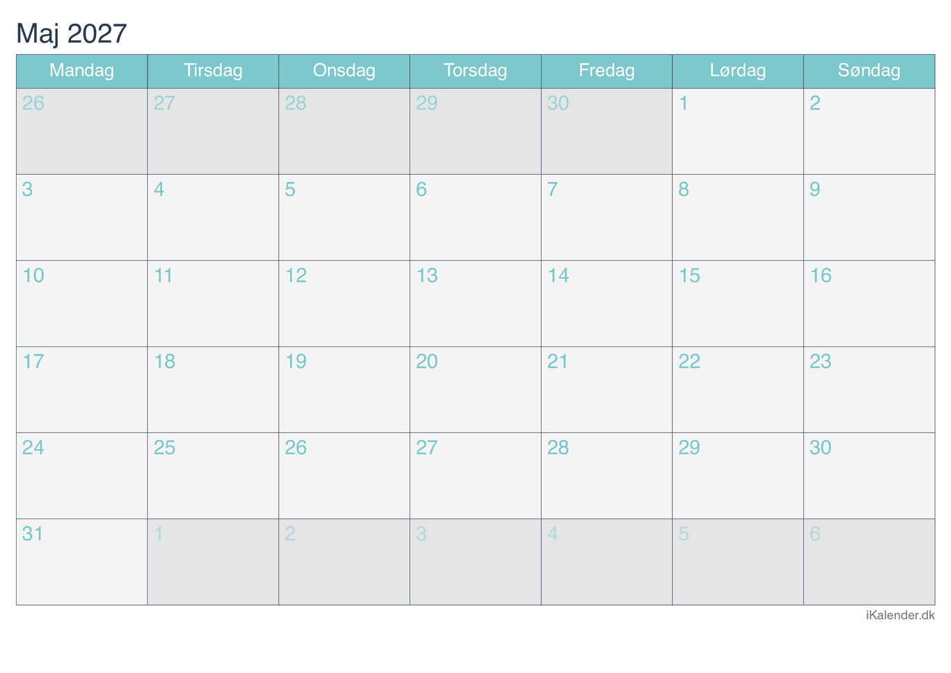 Kalender maj 2027 - Turkis