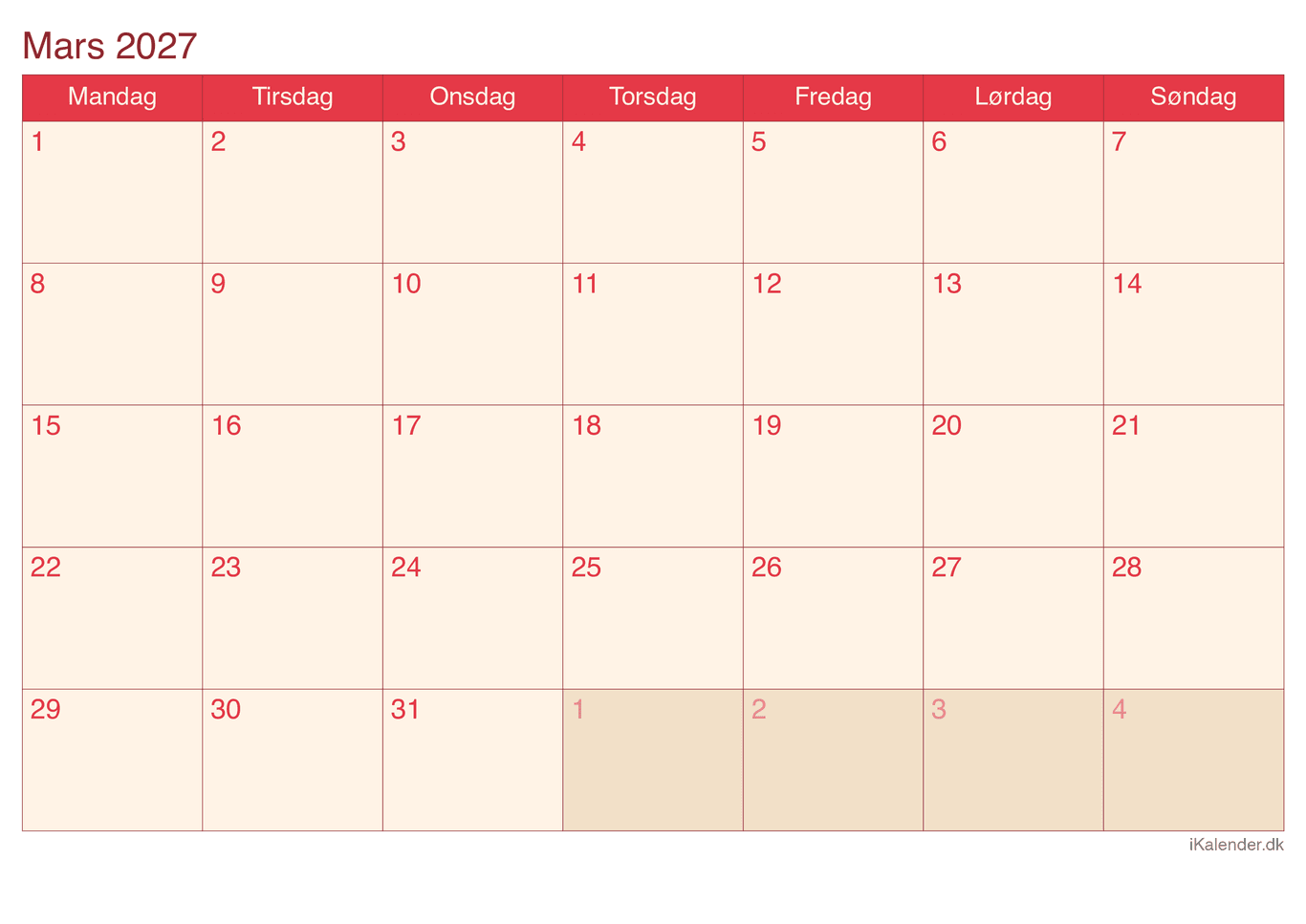 Kalender marts 2027 - Cherry